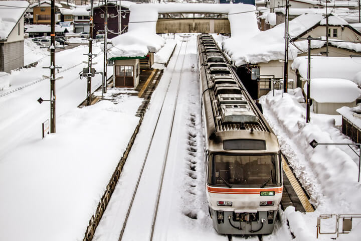 Snow-covered station and a train